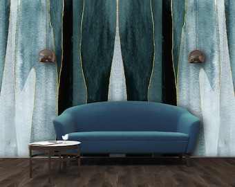 Modern Teal Blue Wallpaper - Gold Infused Abstract Design, Stylish Wall Covering