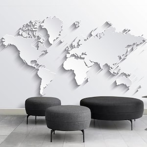 3D World Map Wallpaper: White Non-Woven Wall Decor