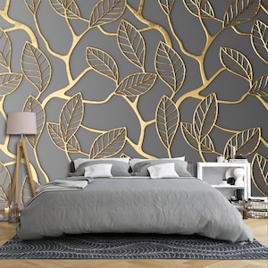 3D Wallpaper Golden Leaves and Branches on a Gray Background Wall Art Mural