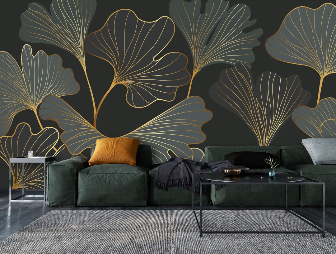 Wallpaper Floral Large Yellow and Grey Leaves Wall Art Mural - Etsy