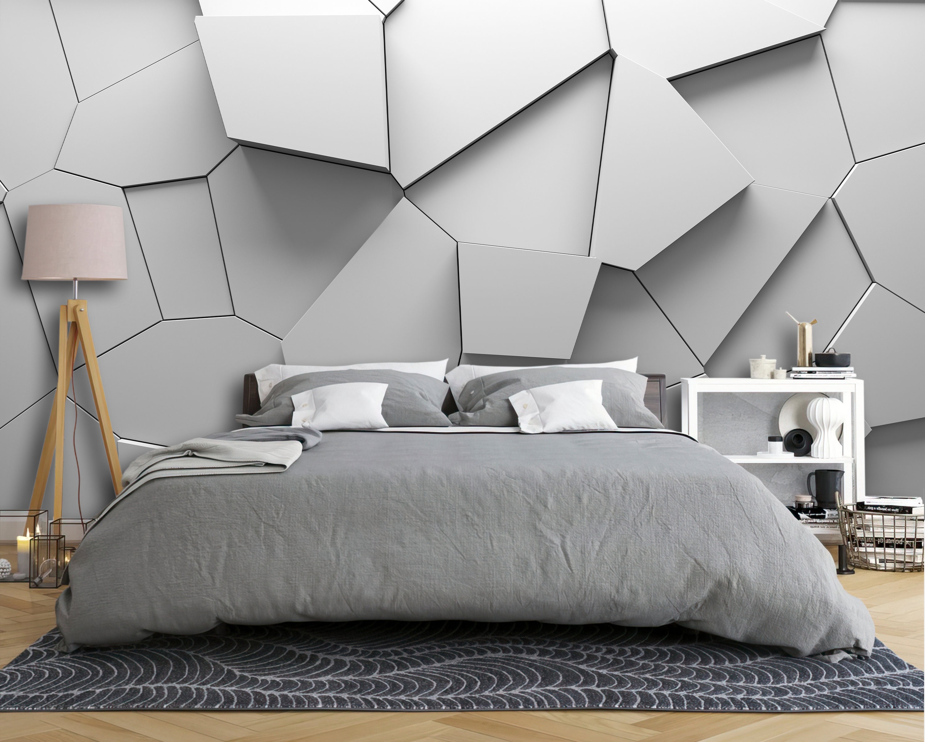 3D Wallpaper White Volumetric Polyhedrons Wall Art Mural - Etsy