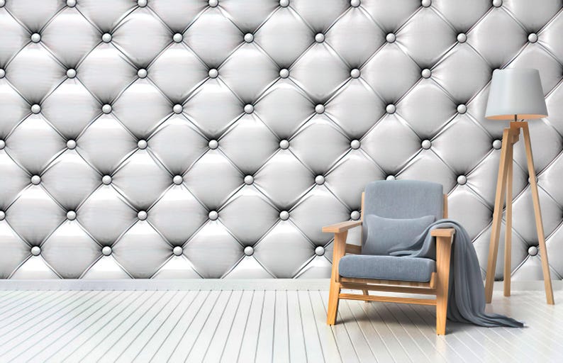3D White Leather Upholstery Wallpaper: Non-Woven Print Wall Art image 1