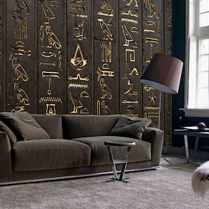 3D Wallpaper Big Gold Egyptian Hieroglyphs on Brown Wall Peel and Stick