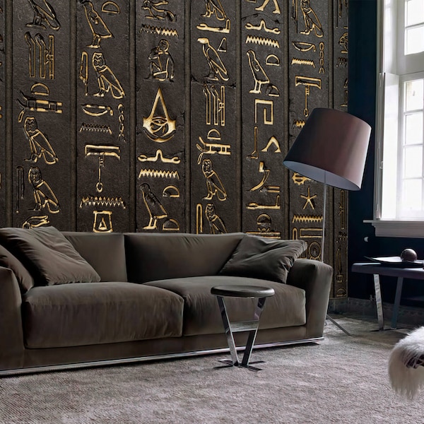 3D Wallpaper Große Gold ägyptische Hieroglyphen auf Braun Wand abziehen und aufkleben