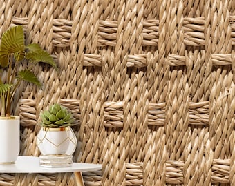Papel pintado imitación ratán tejido, decoración de pared con diseño de cesta de paja beige, papel pintado bohemio autoadhesivo o no tejido sin costuras.