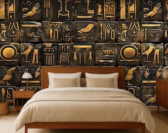 Dark Stone Wallpaper with Gold Hieroglyphs