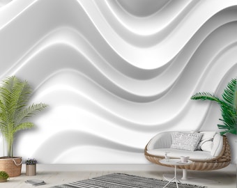 Modern Voluminous 3D Wallpaper - White Gypsum Waves, Peel and Stick