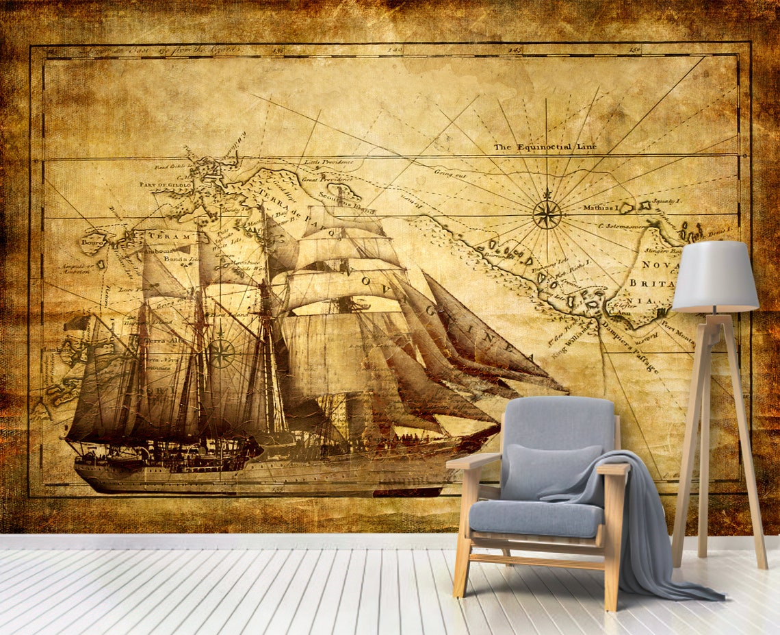 Wallpaper Vintage Sailboat World Map - Etsy