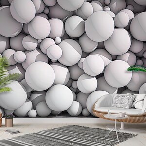 3D Wallpaper White Gray Balls of Different Sizes
