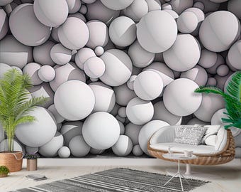 3D Wallpaper White Gray Balls of Different Sizes
