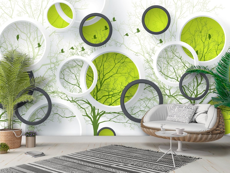 Tree Rings Collage Collage Flock of Birds, Trees, Rings, Abstract Wallpaper, Peel and ...