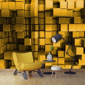 3D Wallpaper Yellow Volumetric Cubes Vinyl Wall Art Mural