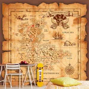 Vintage Pirate Treasure Map Wallpaper – Adventure Themed Wall Mural for Kids Room
