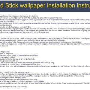 installation instructions for Peel and Stick wallpaper, including details on the process of preparing the walls, applying the wallpaper, and ensuring a smooth finish.