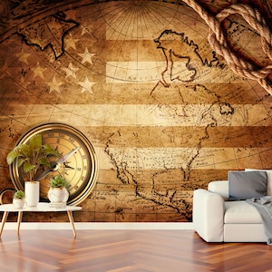 Papel de parede mapa náutico vintage no fundo da bandeira americana revestimento de parede em base não tecida impressão arte de parede decoração de parede