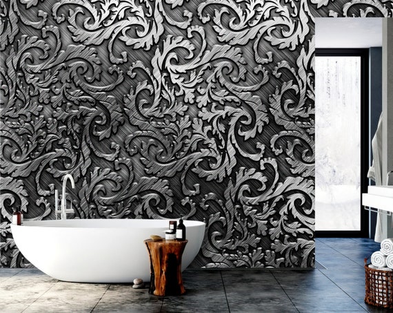 Luxury 3D Vinyl Wallpaper Black & Gold Wall Paper Rolls Textured Metallic  Damask