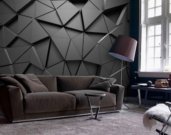 3D Wallpaper Black Volumetric Triangles Wallcovering Art Mural