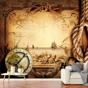 Wallpaper Vintage Nautical Composition Map Compass Wallcovering on non-woven basis Print Wall Art Wall decor