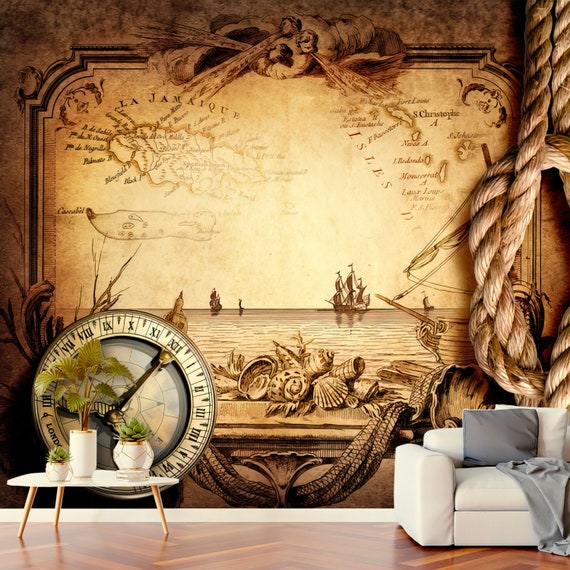 Carta da parati Vintage Composizione Nautica Mappa Bussola Rivestimento  murale su base non tessuta Stampa Wall Art Decorazioni da parete -   Italia