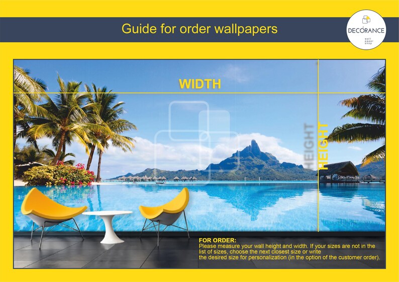 a tropical beach scene with a large pool, palm trees, and a mountain in the background. The image is a collage of multiple images, and the guide for order wallpapers provides a size reference for customers to choose the desired size for their wall.