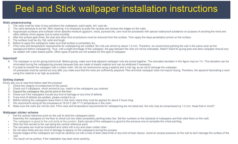 installation instructions for Peel and Stick wallpaper, including details on the process of preparing the walls, applying the wallpaper, and ensuring a smooth finish.