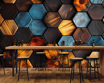 Vibrant Hexagon Patterned  Wall Paneling, Eye-Catching Design Element for Interior Decor