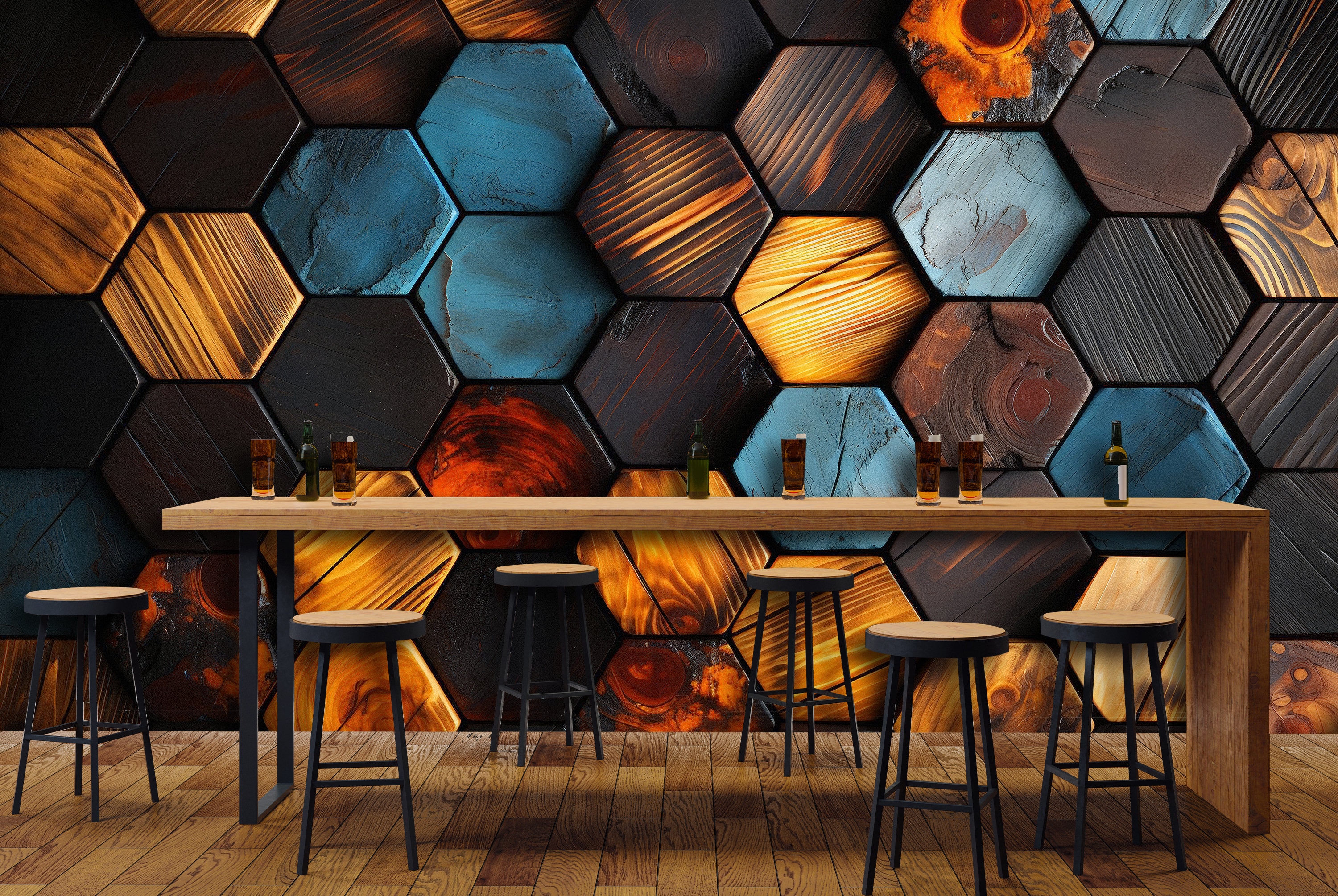 六角形☆hexagon☆雰囲気Good☆お洒落インテリア Vibrant Hexagon Patterned Wall Paneling, Eye-catching Design