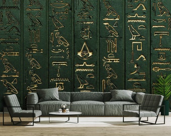3D Wallpaper Big Gold Egyptian Hieroglyphs on Old Emerald Wall Peel and Stick