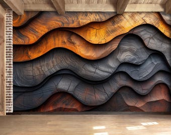 3D Burnt – Rustic Textured Waves Wallpaper, Modern Loft Accent Wall