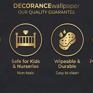 The image is a promotional graphic for a wallpaper product, highlighting its eco-friendly, safe, and durable features.
