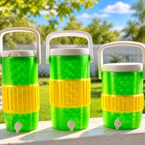 Peut inclure: Trois refroidisseurs d'eau verts et jaunes avec des poignées et des becs blancs. Les refroidisseurs sont cylindriques avec un corps vert texturé, une bande jaune et un couvercle blanc. Ils sont disposés sur une surface en bois devant un fond de verdure et un ciel bleu.