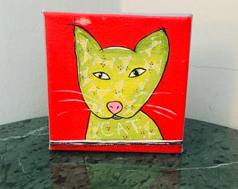 Yellow Cat on Red Miniature Print | Tiny Yellow Cat on Red Background Print |
