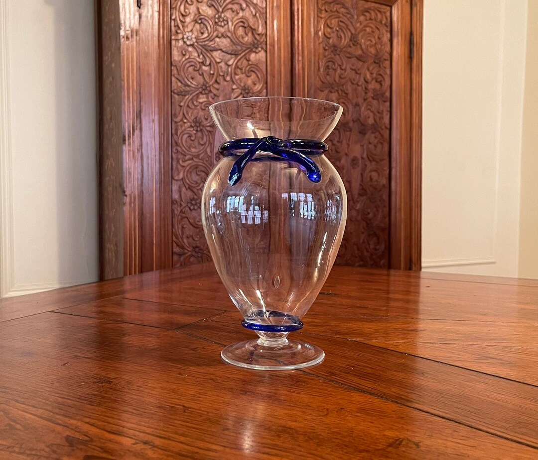 Hand Blown Mexican Glass Vase Cobalt Blue Trim Mexican Glass Vase Etsy