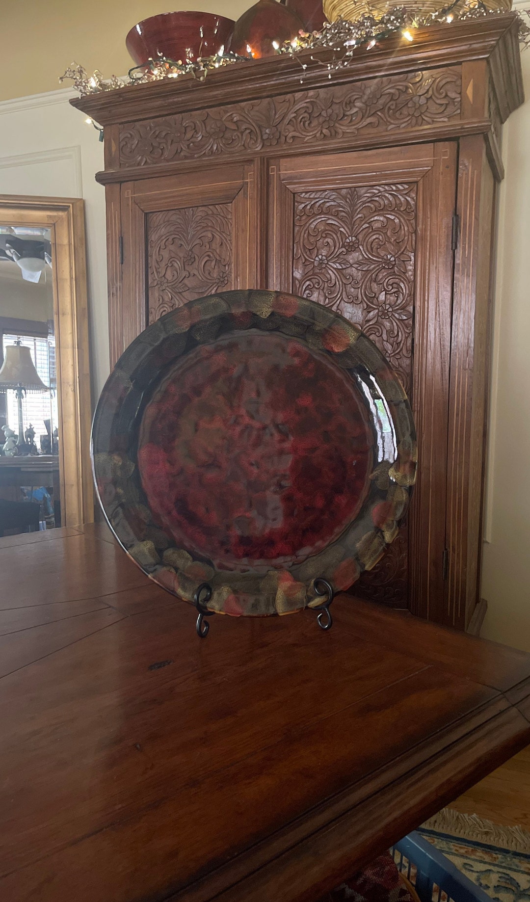 Large Decorative Plate in Reds Golds on Black Large Red Etsy