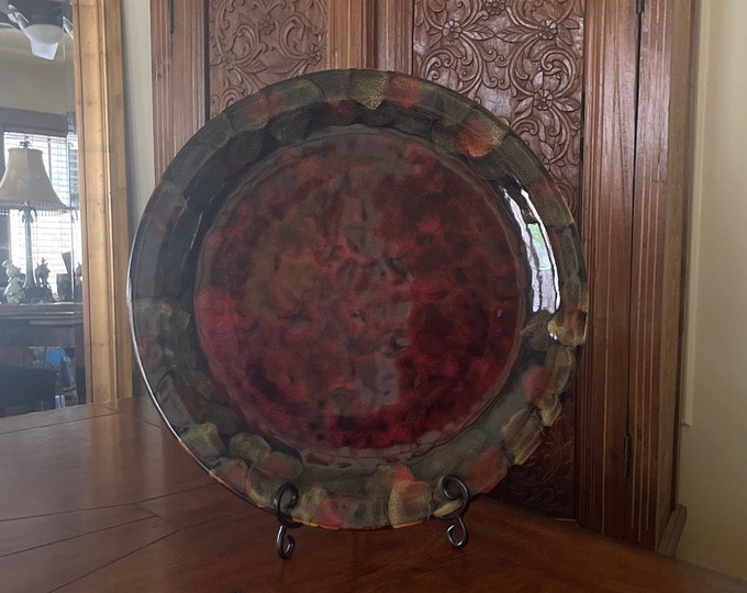 Large Decorative Plate in Reds, Golds on Black Large Red Gold Black