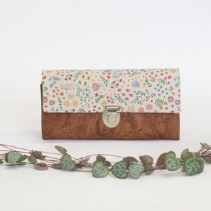Large wallet made of cork women's flowers scattered flowers