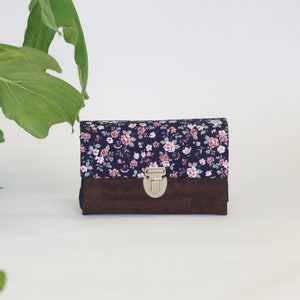 Kleines Portemonnaie aus Kork, mit Steckschloss, Damen, Blumen, blau