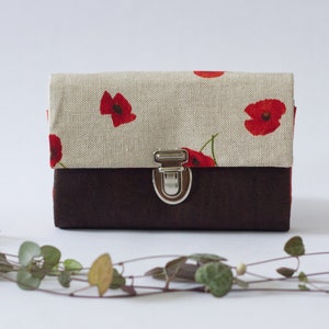 Kleines Portemonnaie aus Kork, mit Steckschloss, Damen,rot, Mohnblumen