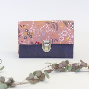 Kleines Portemonnaie aus Kork, mit Steckschloss, Damen, Blumen, rosa
