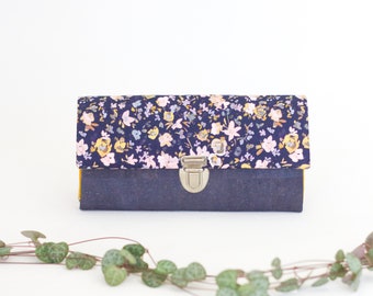 Purse women's wallet flowers blue vegan cork