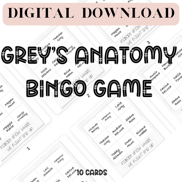 bachelorette party games Grey's anatomy bingo game girls night anti valentines day Printable game tv show gift party game