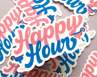 Puede incluir: Primer plano de varias pegatinas rosas y azules con el texto "Happy Hour" y un gráfico de copa de cóctel.