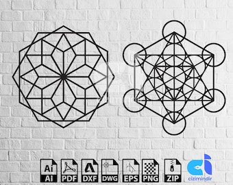 May include: Two black and white geometric designs on a white brick wall background. The design on the left is a circular mandala with a starburst pattern. The design on the right is a square with a starburst pattern inside.