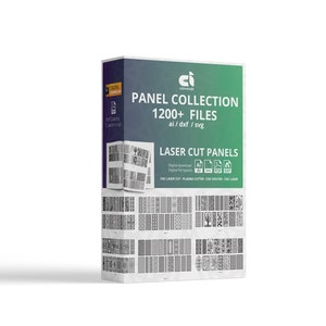 May include: A box of digital laser cut panel designs. The box is green and blue with the text "Panel Collection 1200+ Files ai / dxf / svg Laser Cut Panels" on the front. The box shows a preview of the designs.