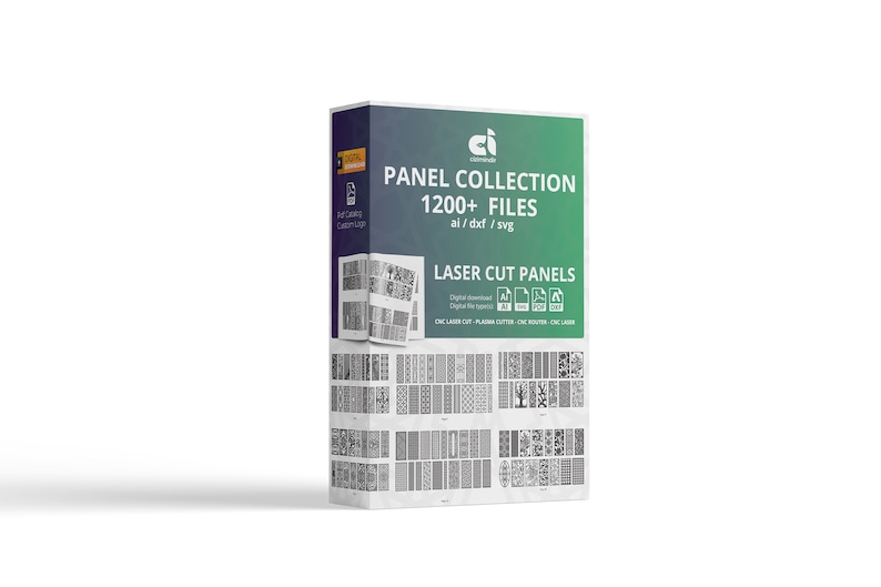 May include: A box of digital laser cut panel designs. The box is green and blue with the text "Panel Collection 1200+ Files ai / dxf / svg Laser Cut Panels" on the front. The box shows a preview of the designs.