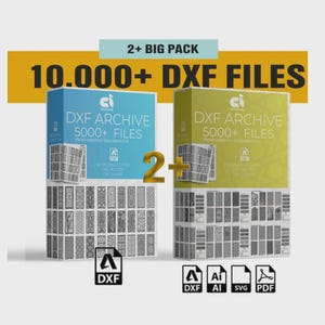 Può includere: Un pacchetto di prodotti digitali con oltre 10.000 file DXF in due scatole, una azzurra e una verde oliva. Ogni scatola è etichettata DXF ARCHIVE 5000+ FILES. Le icone per i formati di file DXF, AI, SVG e PDF sono visualizzate sotto.