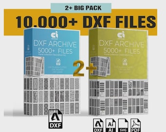 Op de afbeelding: Een digitaal productpakket met meer dan 10.000 DXF-bestanden in twee dozen, een lichtblauwe en een olijfgroene. Elke doos is gelabeld met DXF ARCHIVE 5000+ FILES. Pictogrammen voor DXF, AI, SVG en PDF-bestandsindelingen staan onderaan.