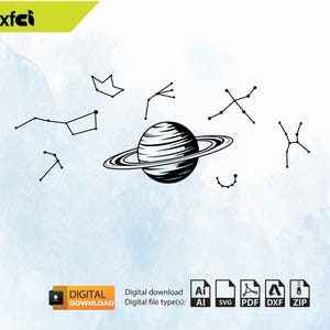 Op de afbeelding: Zwart-witte vectorillustratie van een planeet met ringen en verschillende sterrenbeelden. De digitale download bevat de bestandstypen AI, SVG, PDF, DXF en ZIP.