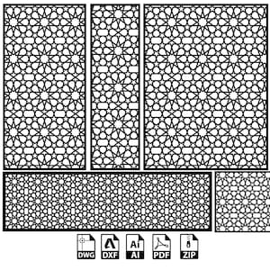 Puede incluir: Un conjunto de patrones geométricos en blanco y negro con forma de estrella repetitiva. Los patrones están disponibles en formatos digitales: DWG, DXF, AI, PDF y ZIP.