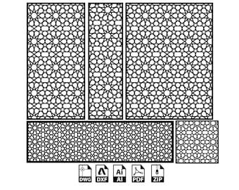 Può includere: Un set di motivi geometrici in bianco e nero a forma di stella ripetuta. I motivi sono disponibili in formati digitali: DWG, DXF, AI, PDF e ZIP.